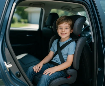 Young child sitting on a high-back booster seat in an SUV with the door open