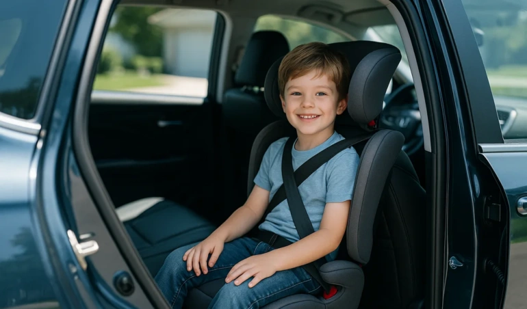 Young child sitting on a high-back booster seat in an SUV with the door open