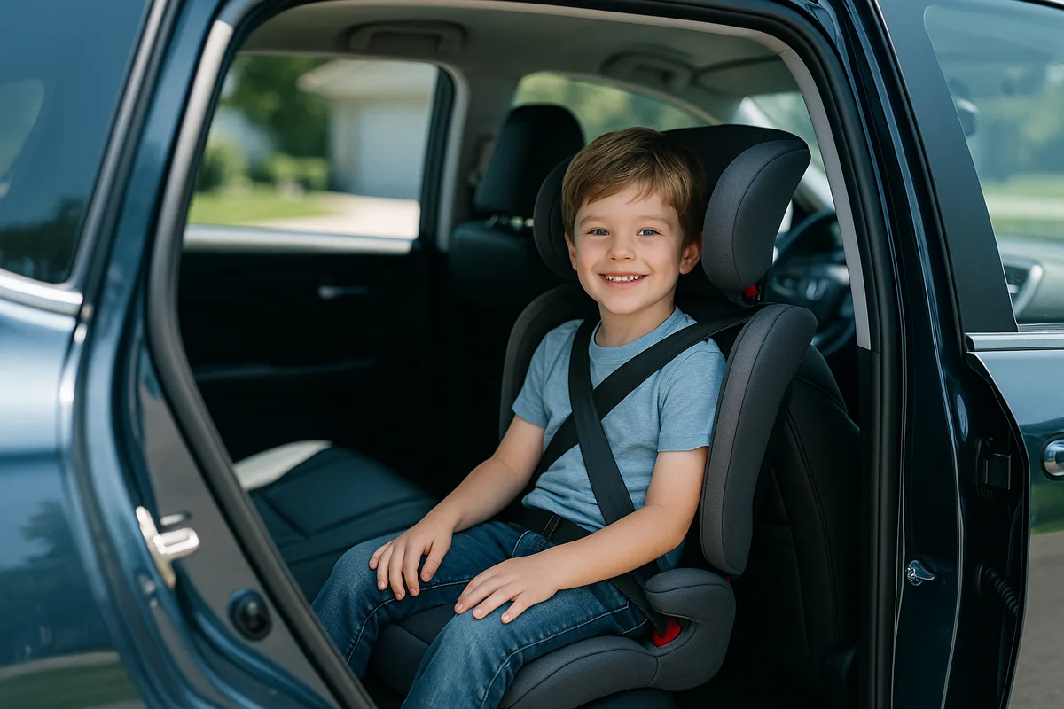 Young child sitting on a high-back booster seat in an SUV with the door open