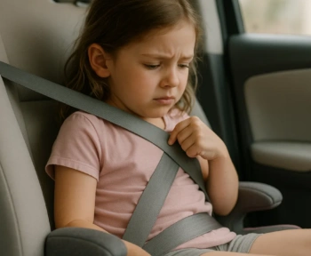 Shoulder seat belt riding up near a child's neck on a booster seat