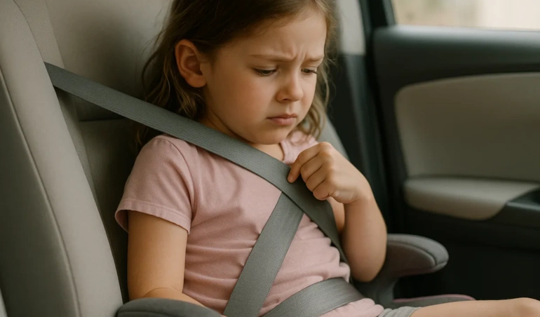 Shoulder seat belt riding up near a child's neck on a booster seat