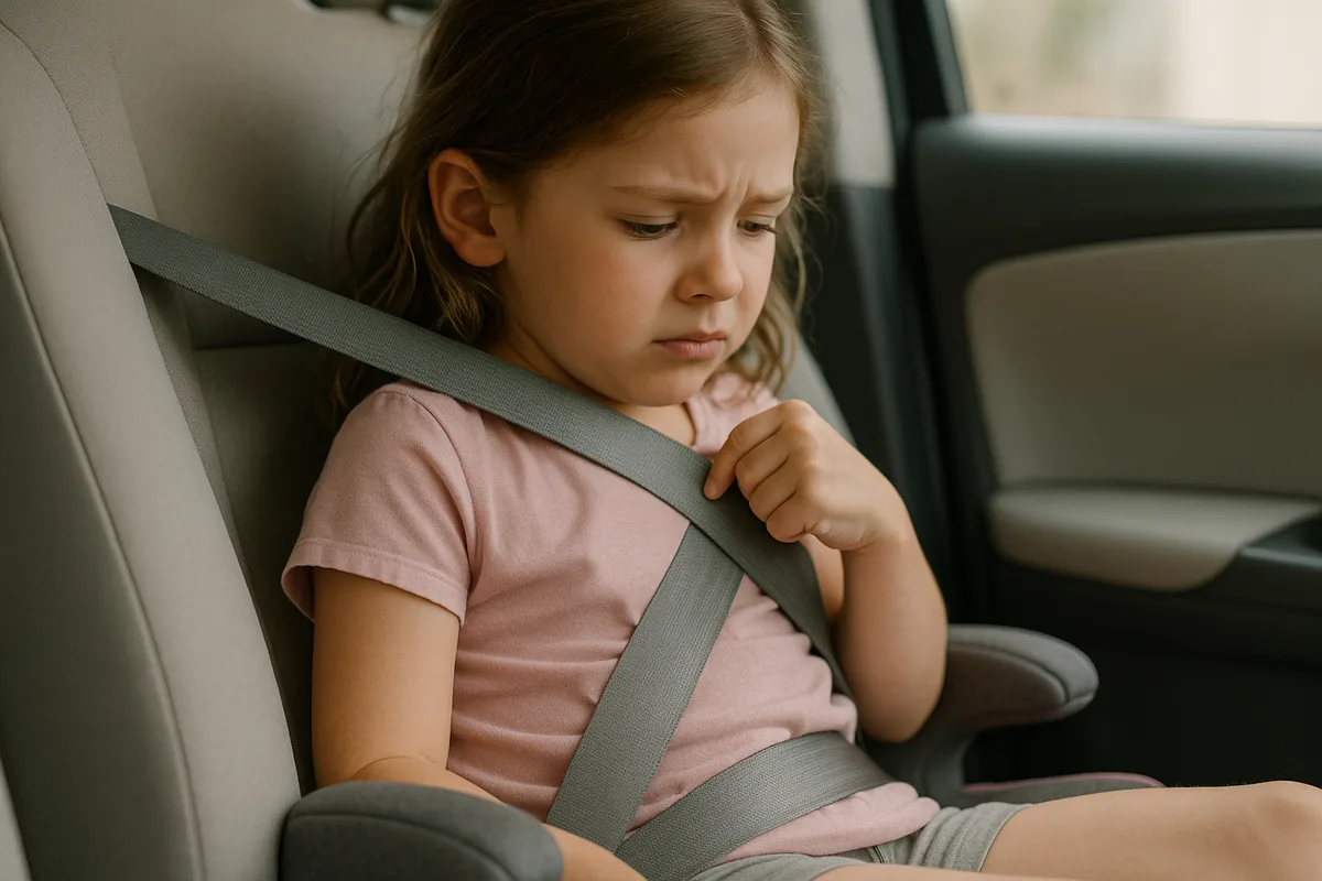 Shoulder seat belt riding up near a child's neck on a booster seat