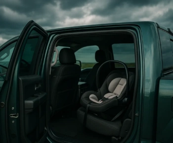 Infant car seat installed in the back seat of a crew-cab pickup truck
