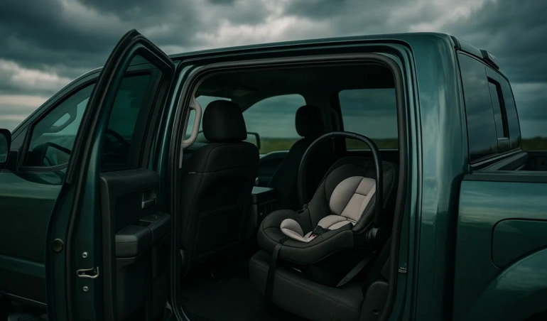 Infant car seat installed in the back seat of a crew-cab pickup truck