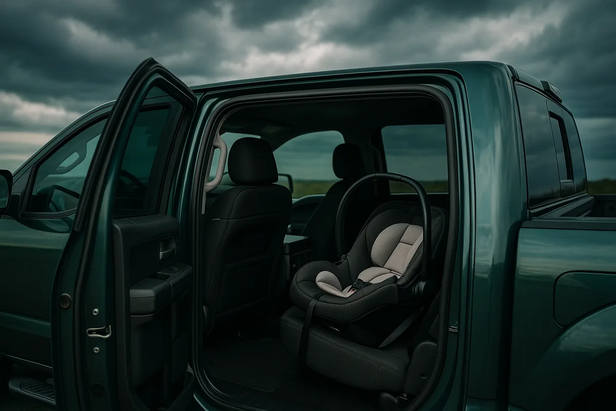 Infant car seat installed in the back seat of a crew-cab pickup truck