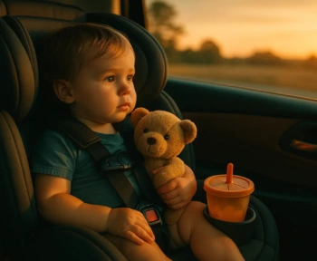 Toddler in a car seat with a plush toy during a long road trip at sunset