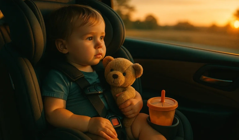 Toddler in a car seat with a plush toy during a long road trip at sunset