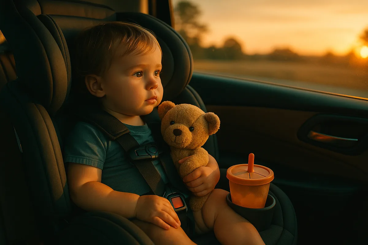 Toddler in a car seat with a plush toy during a long road trip at sunset