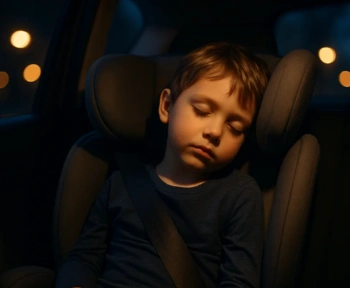 Child asleep in a high-back booster seat with head resting against the side wing