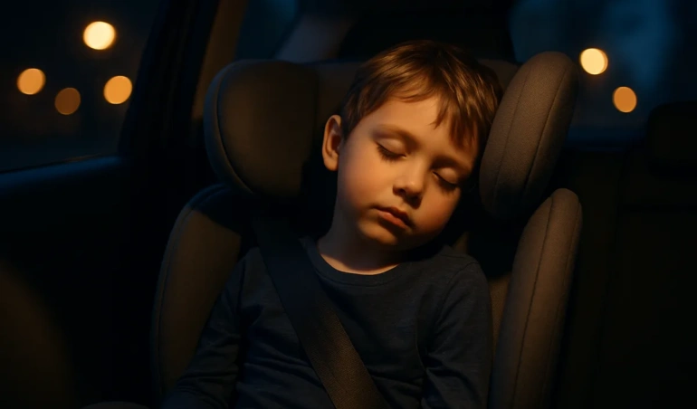 Child asleep in a high-back booster seat with head resting against the side wing