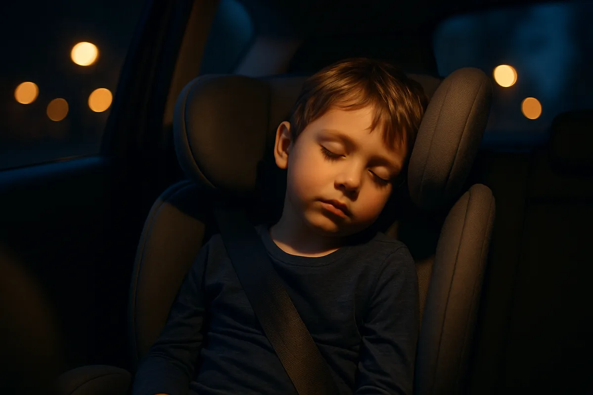 Child asleep in a high-back booster seat with head resting against the side wing