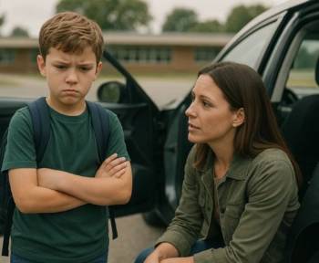 Older child reluctant to use a booster seat while parent talks to him by the car
