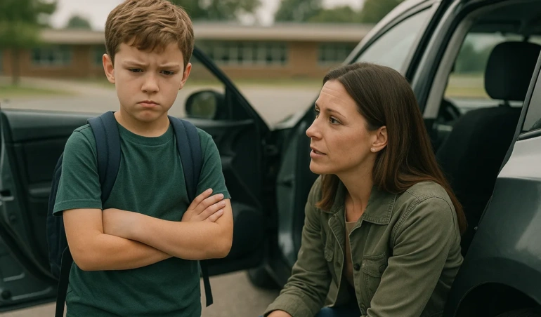 Older child reluctant to use a booster seat while parent talks to him by the car