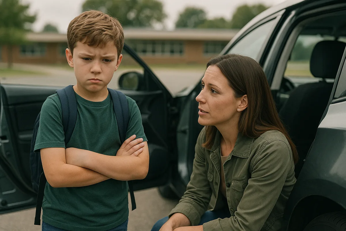 Older child reluctant to use a booster seat while parent talks to him by the car