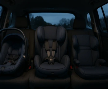 Infant seat, convertible car seat, and booster seat lined up in a minivan back row