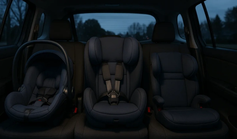 Infant seat, convertible car seat, and booster seat lined up in a minivan back row