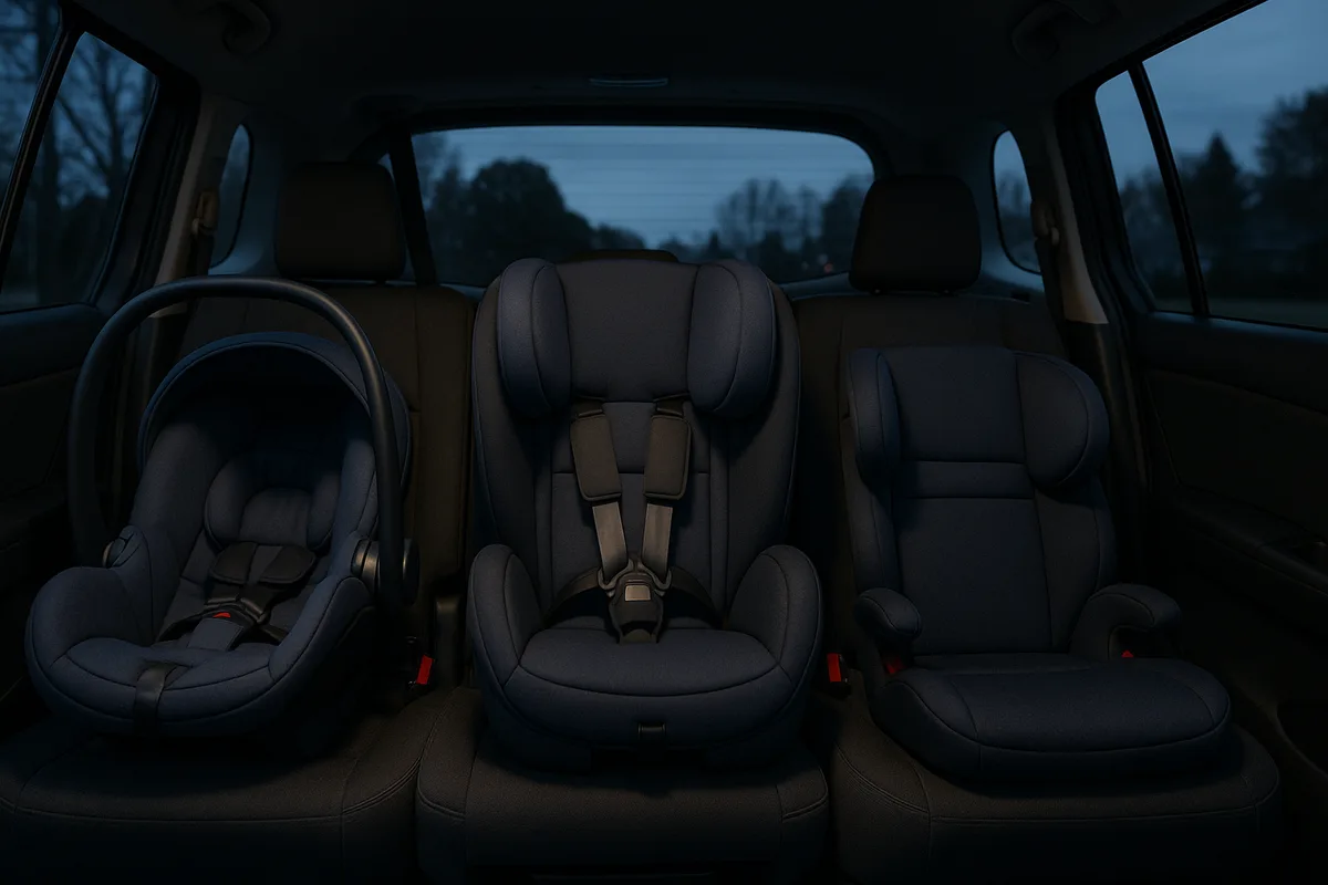 Infant seat, convertible car seat, and booster seat lined up in a minivan back row