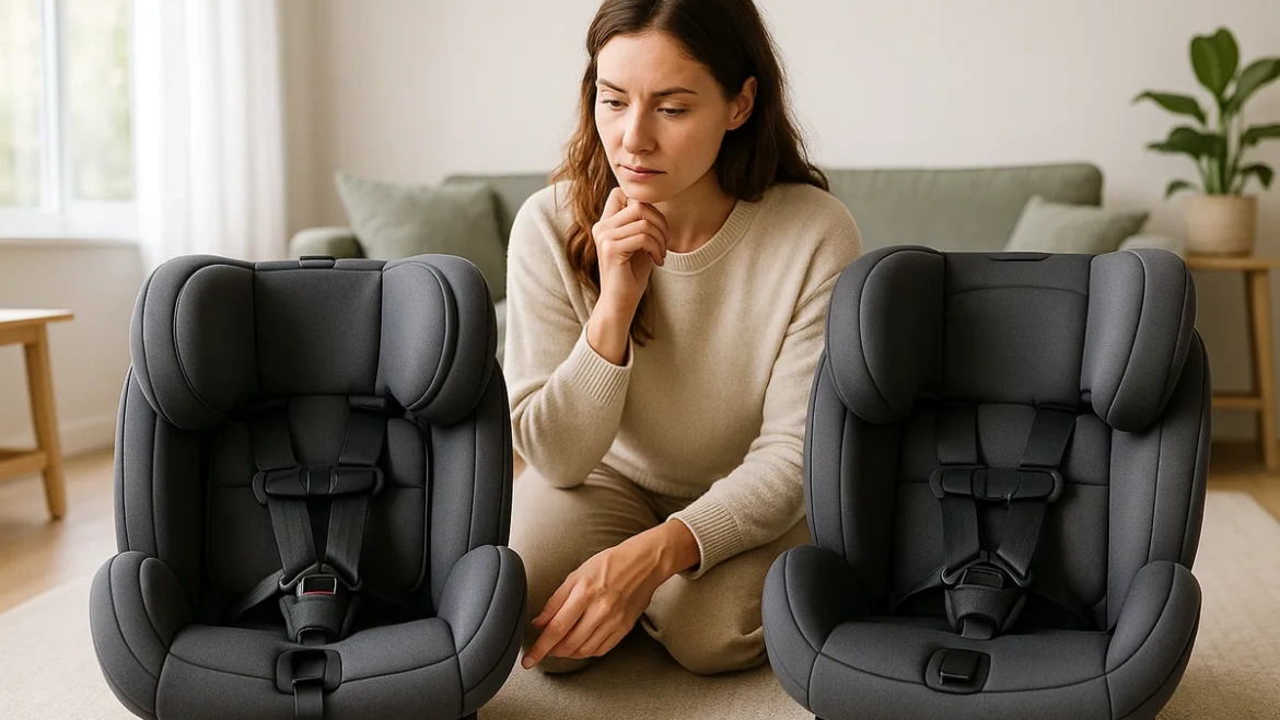 Parent comparing two convertible car seats side by side at home
