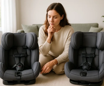 Parent comparing two convertible car seats side by side at home