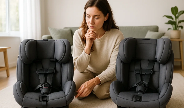 Parent comparing two convertible car seats side by side at home