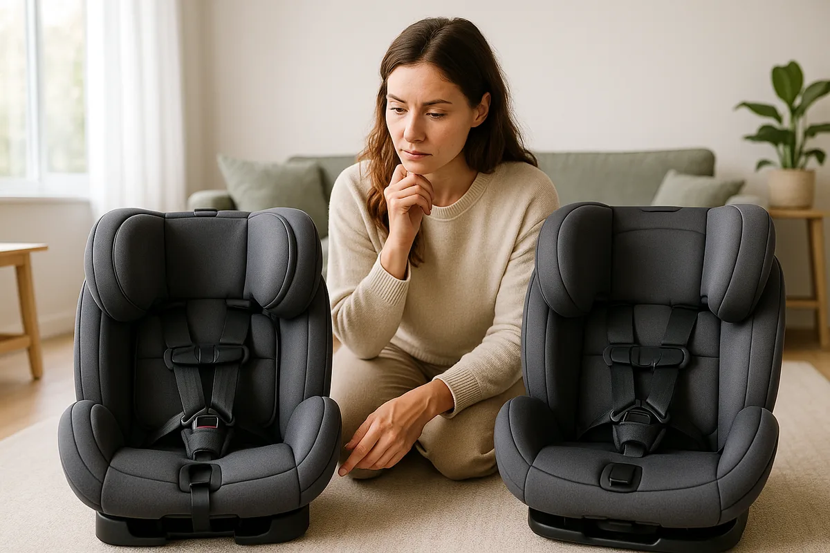 Parent comparing two convertible car seats side by side at home