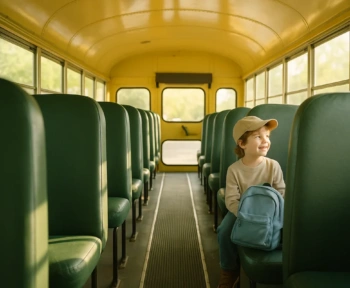 Young child seated on a padded school bus bench seat