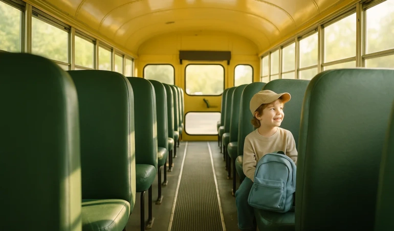 Young child seated on a padded school bus bench seat