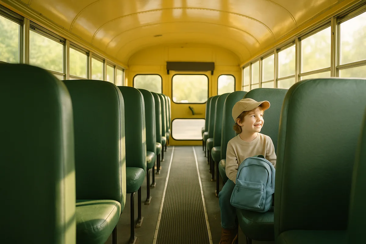 Young child seated on a padded school bus bench seat