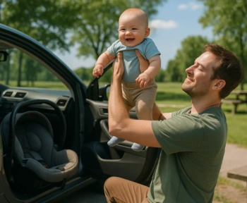 Father lifting baby out of an infant car seat during a road trip rest stop