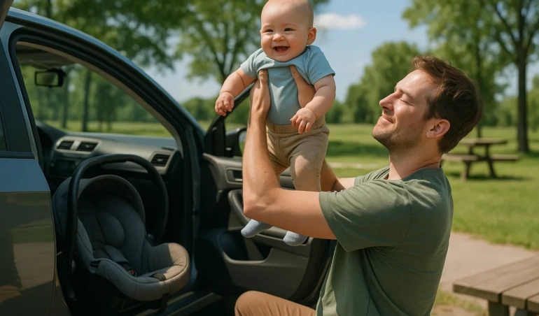 Father lifting baby out of an infant car seat during a road trip rest stop