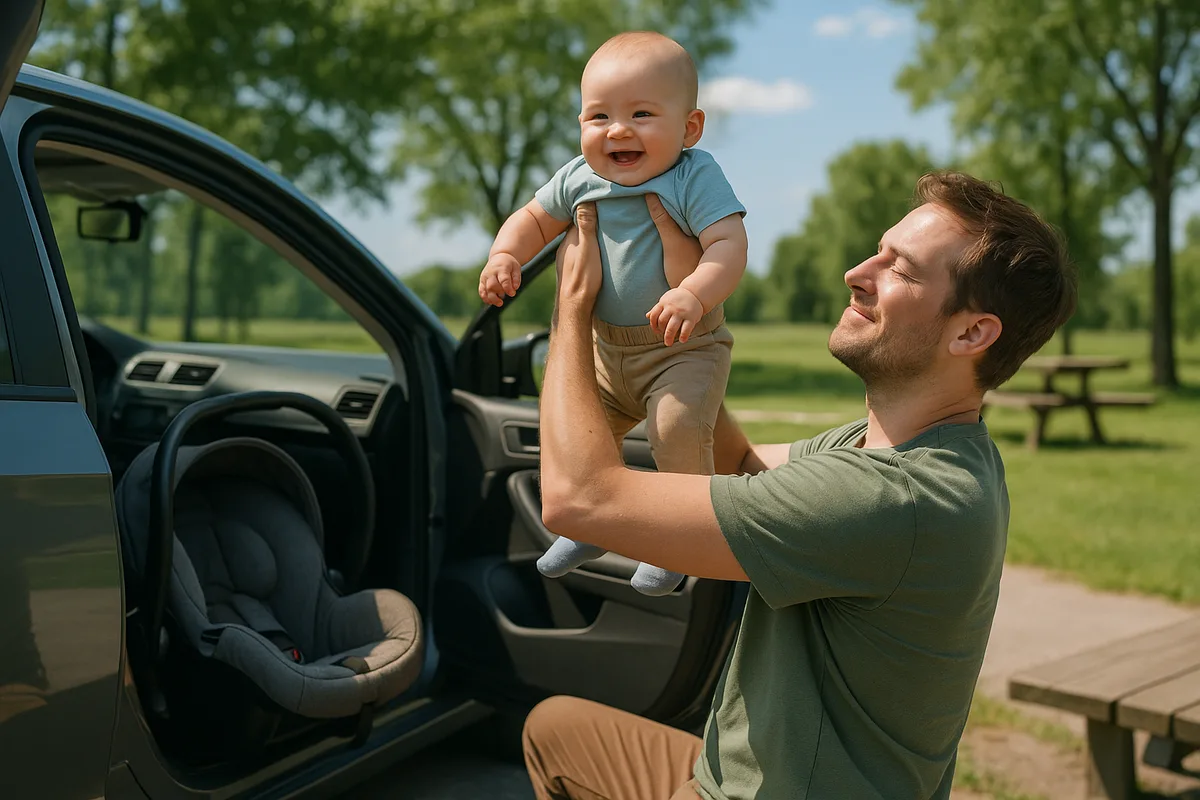 Father lifting baby out of an infant car seat during a road trip rest stop