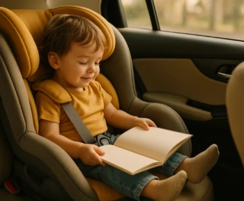 Three year old sitting comfortably cross-legged in a rear-facing car seat
