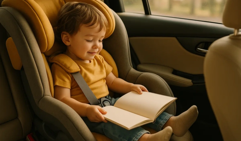 Three year old sitting comfortably cross-legged in a rear-facing car seat