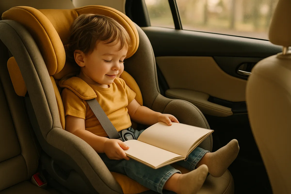 Three year old sitting comfortably cross-legged in a rear-facing car seat