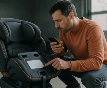 Parent checking the label on the base of a car seat with a smartphone in hand