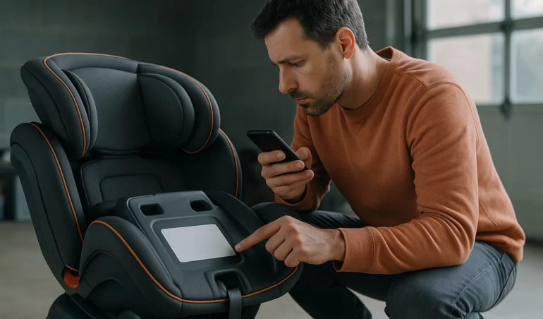 Parent checking the label on the base of a car seat with a smartphone in hand