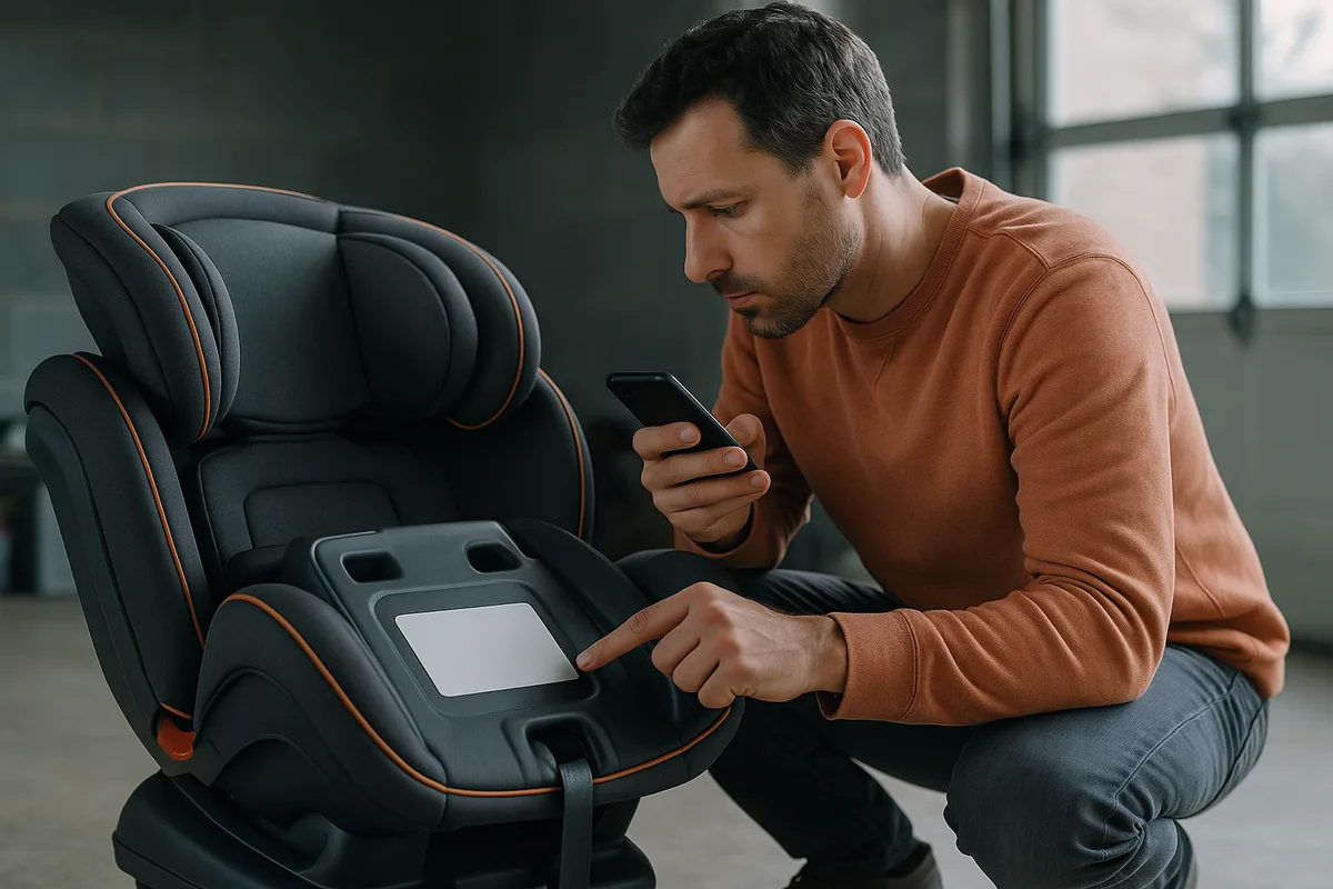 Parent checking the label on the base of a car seat with a smartphone in hand