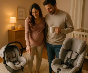 Expecting parents choosing between an infant car seat and a convertible car seat