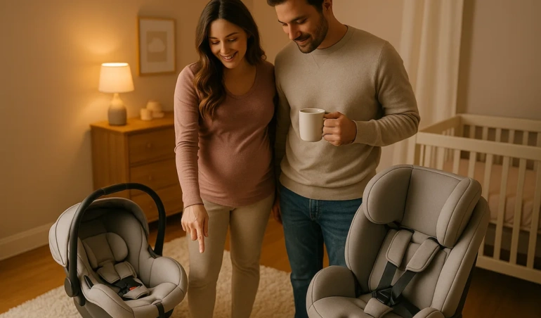 Expecting parents choosing between an infant car seat and a convertible car seat
