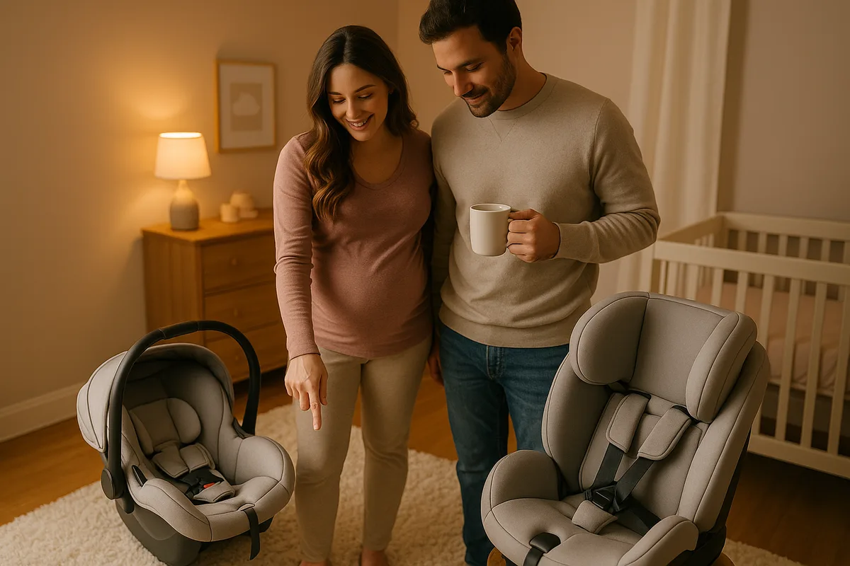 Expecting parents choosing between an infant car seat and a convertible car seat