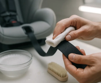 Hands cleaning a car seat harness strap with a damp cloth