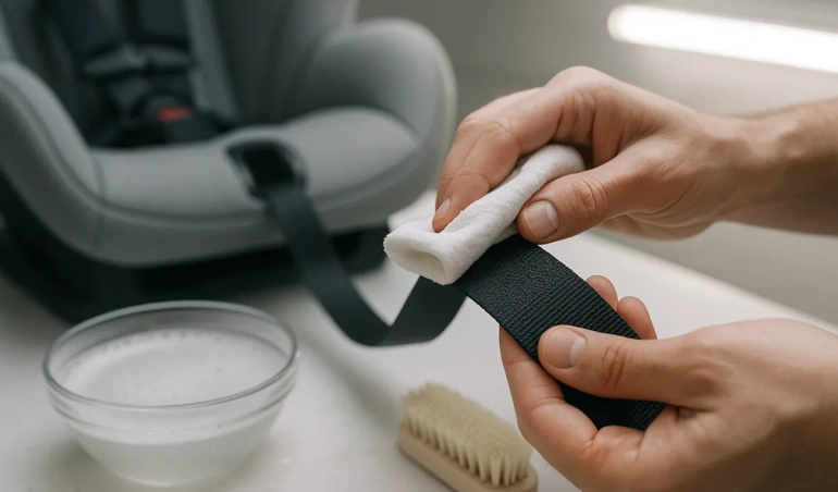 Hands cleaning a car seat harness strap with a damp cloth