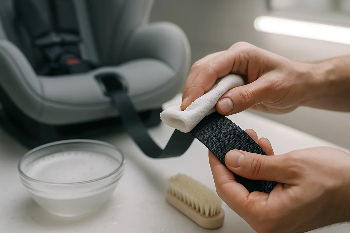 Hands cleaning a car seat harness strap with a damp cloth