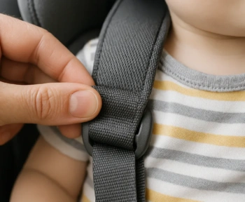 Adult fingers performing the pinch test on a car seat harness strap at a child's shoulder
