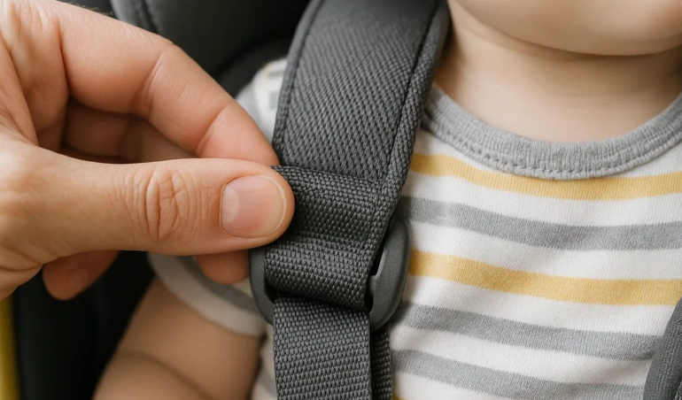 Adult fingers performing the pinch test on a car seat harness strap at a child's shoulder