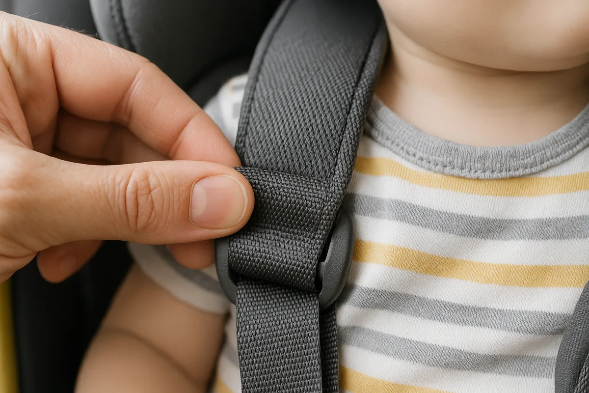 Adult fingers performing the pinch test on a car seat harness strap at a child's shoulder