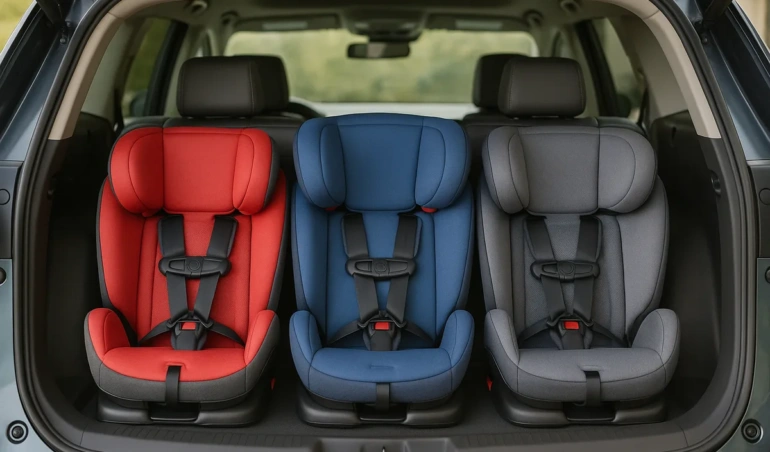 Three car seats fitted side by side in one row of an SUV