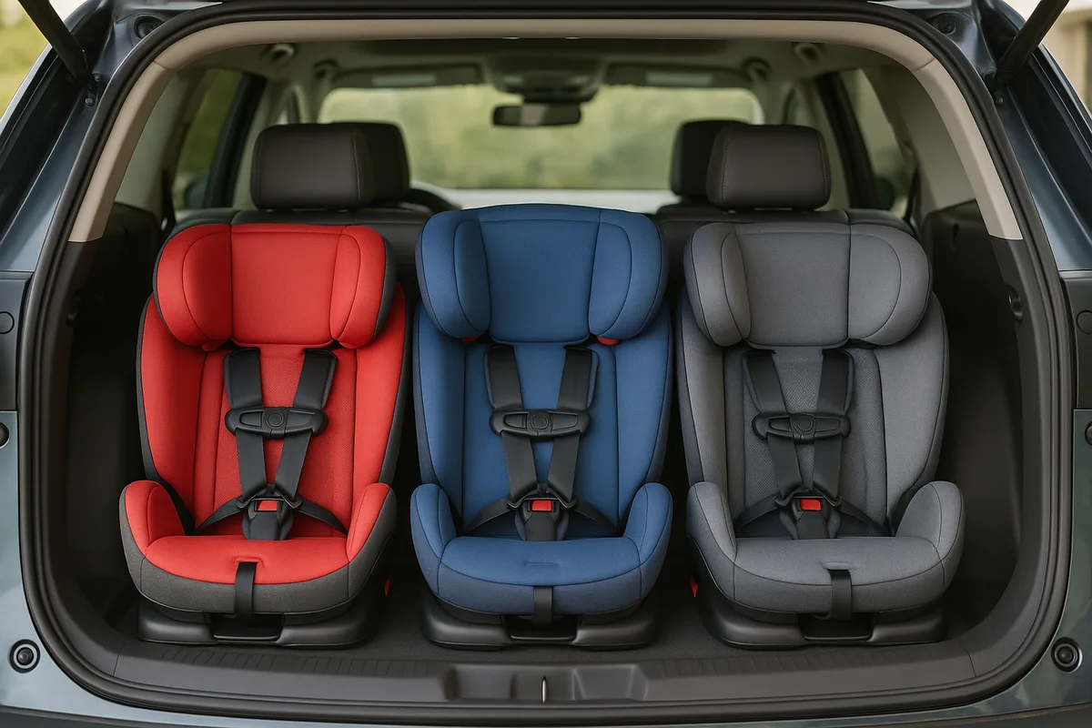 Three car seats fitted side by side in one row of an SUV