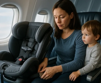 Parent installing a child car seat on an airplane seat with the lap belt