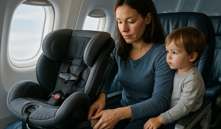 Parent installing a child car seat on an airplane seat with the lap belt